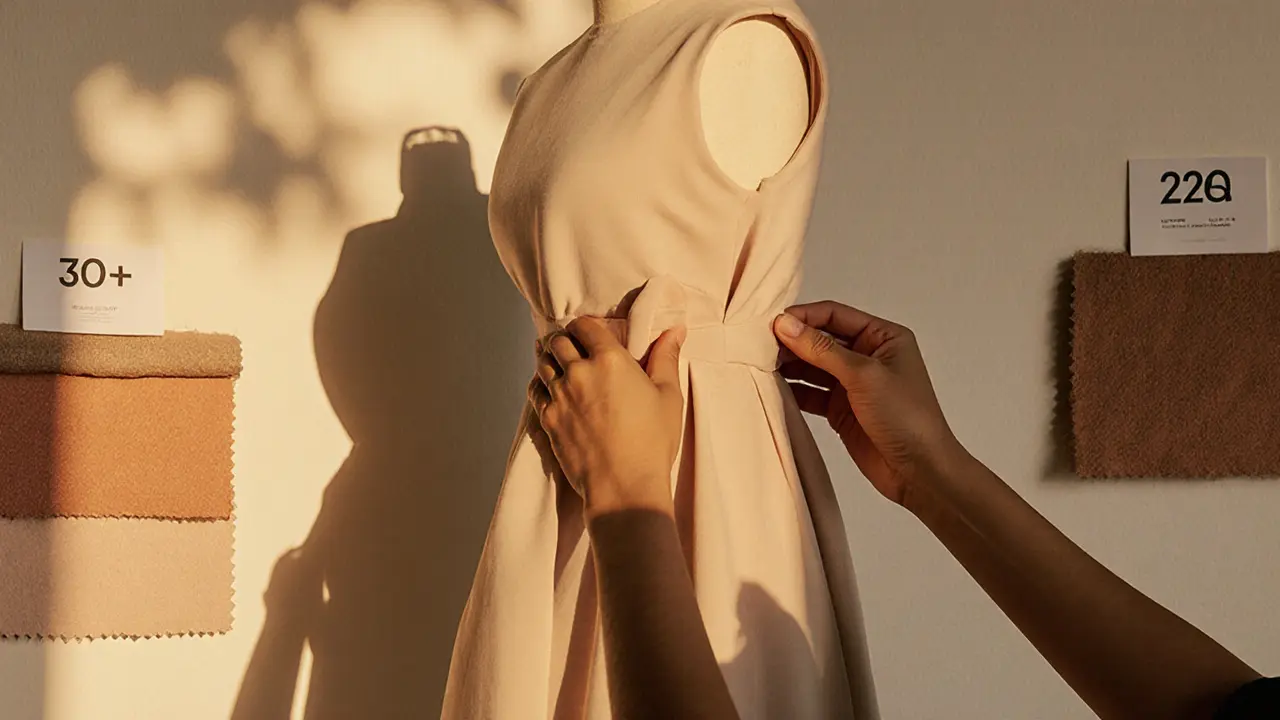 Close-up of hands fitting a size 20 dress with fabric size labels scattered around.