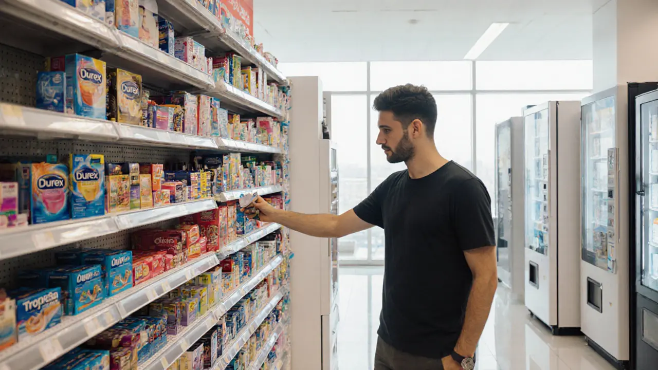Condoms displayed on pharmacy shelf in Dubai alongside other health products under natural light.