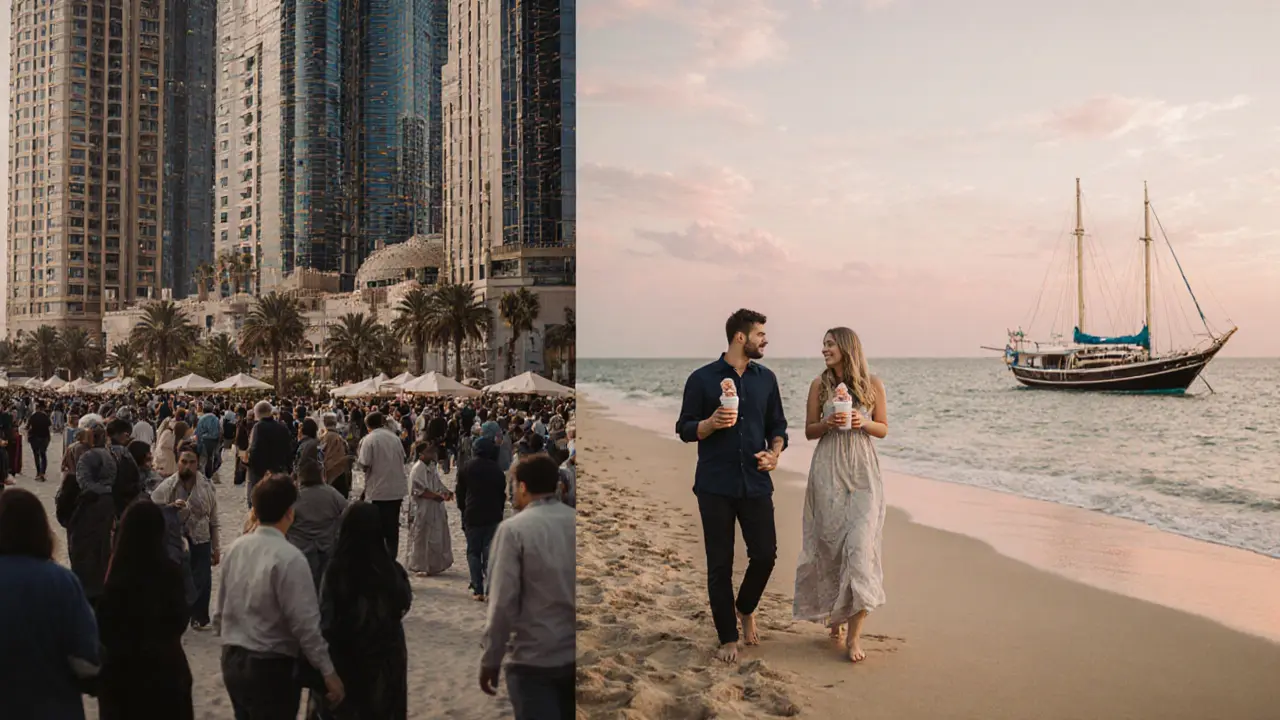 Contrast between busy Dubai mall and a serene secret beach where two people enjoy ice cream at dawn.