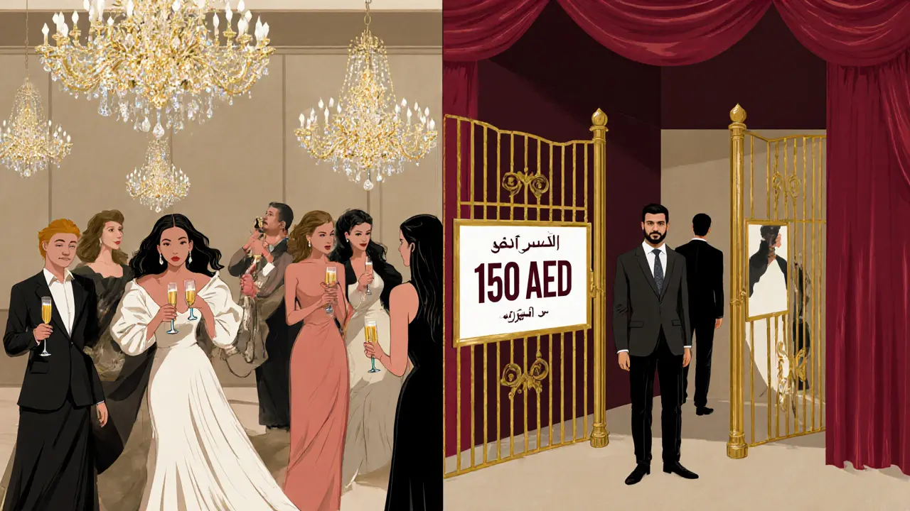 Contrasting scenes of free entry for women and paid entry for men in a luxury Dubai club, symbolizing gender pricing debate.