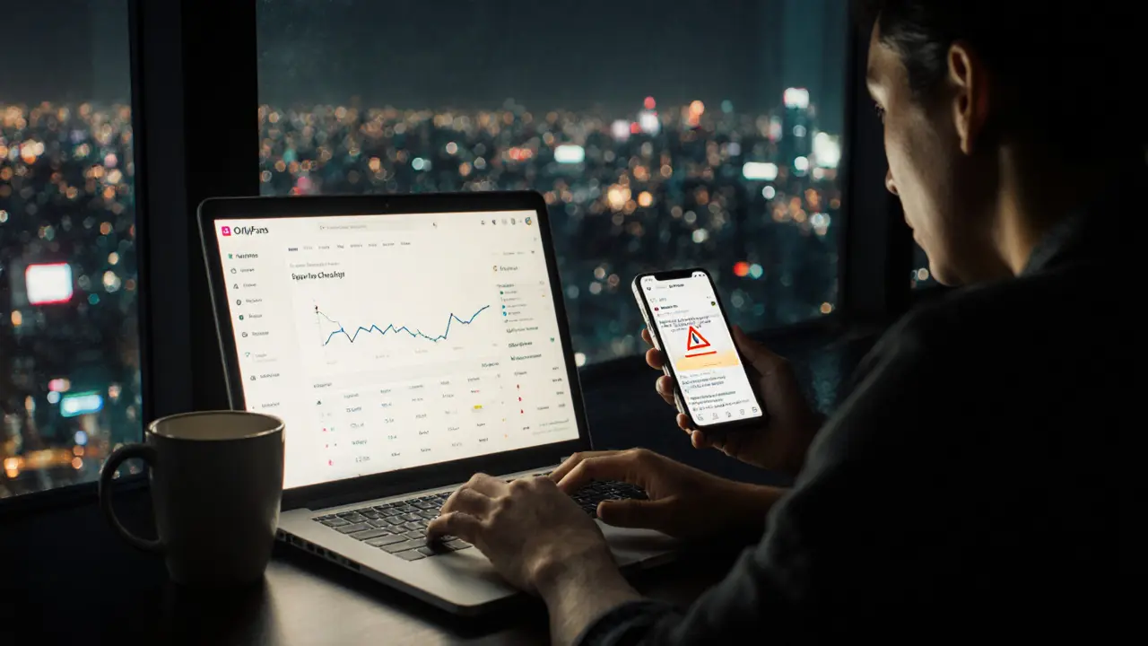 Creator in Dubai working at night with OnlyFans analytics and Instagram warning on devices.