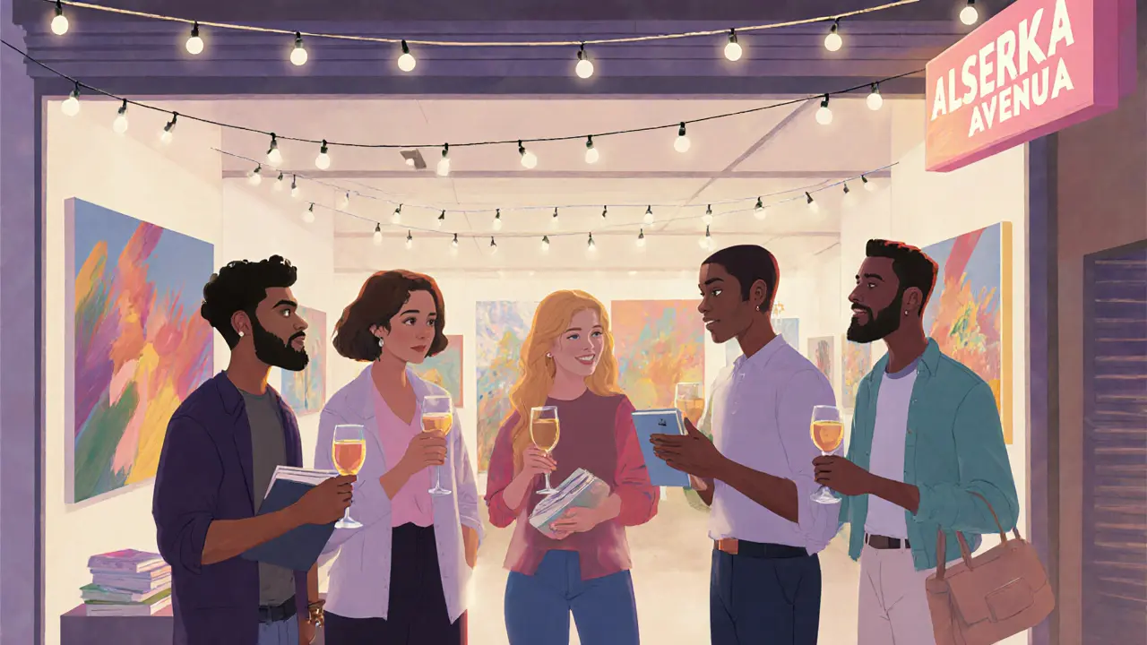 Diverse expats socializing at an art gallery event in Alserkal Avenue, sharing books and stories.