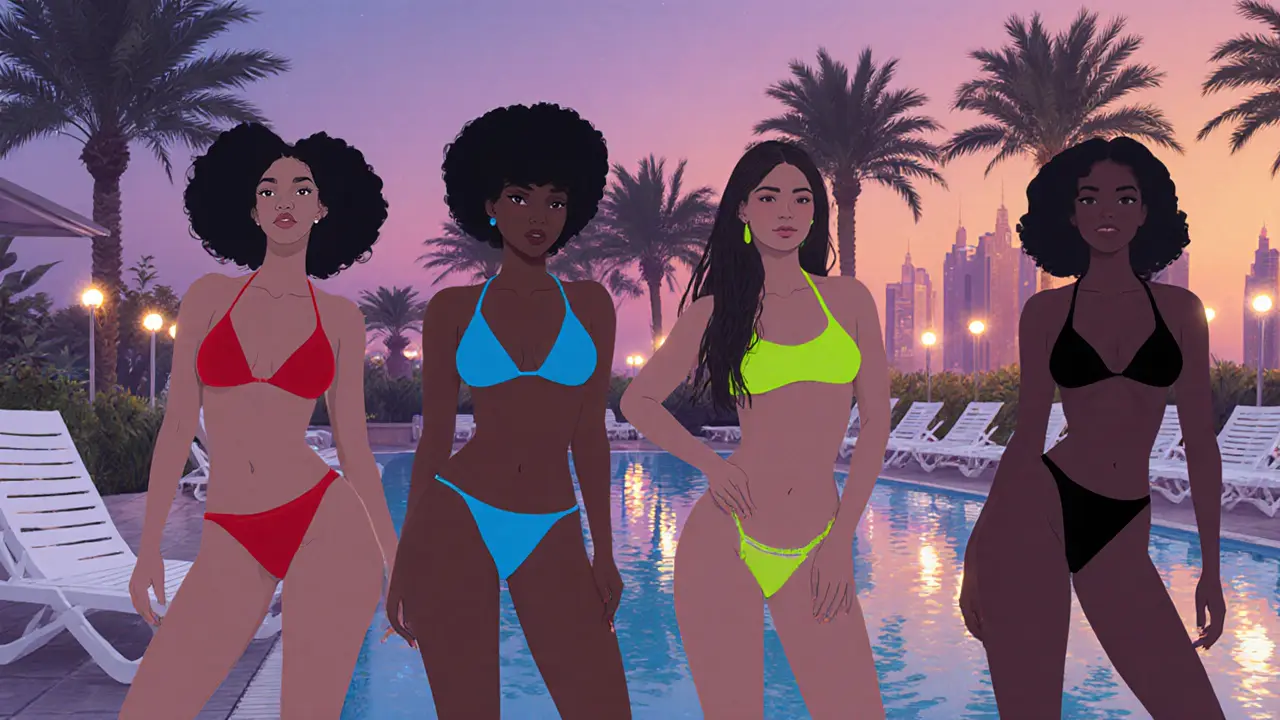 Diverse group of women on Dubai beach club patio wearing red, neon blue, and black bikinis at dusk.