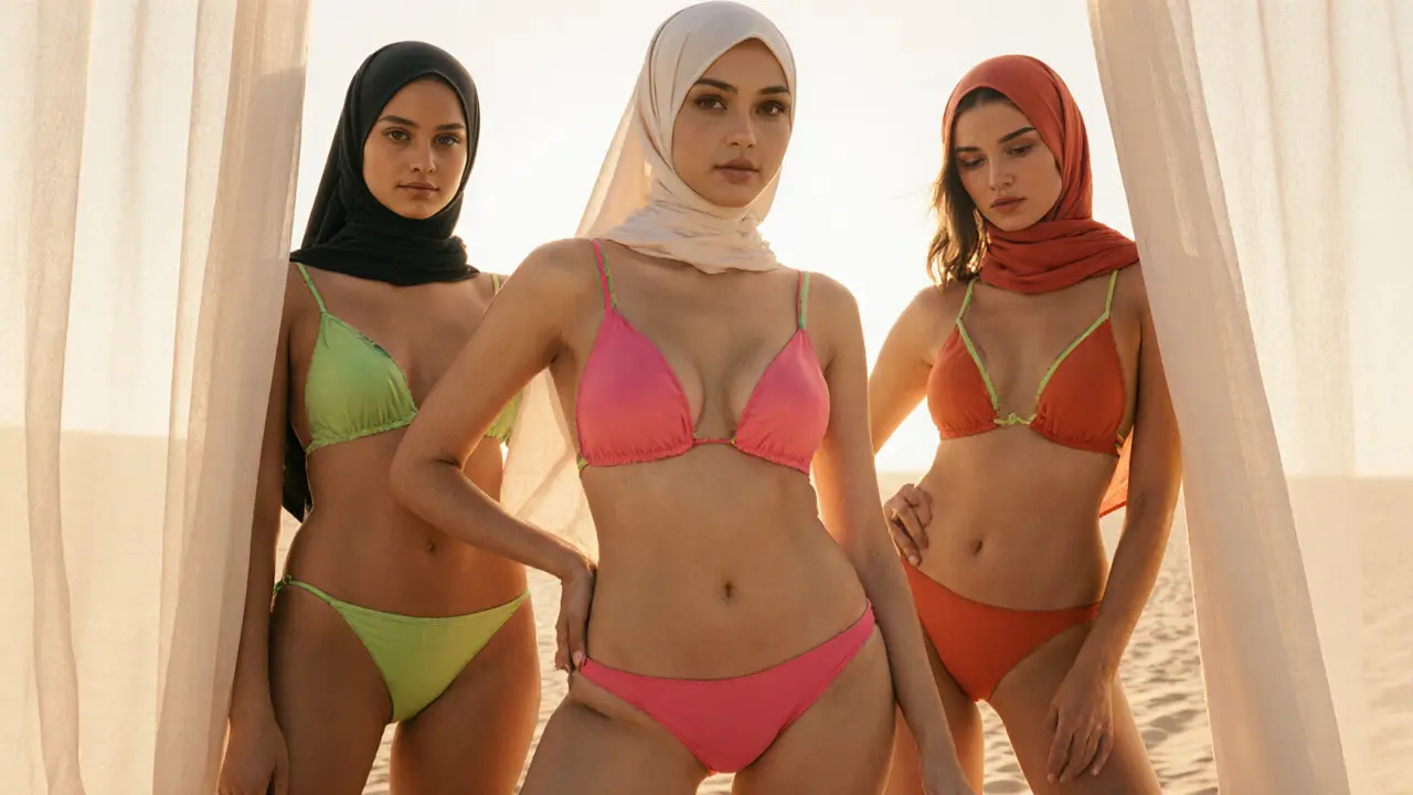Diverse models posing for a swimwear campaign in Dubai with natural curves and warm sunlight.