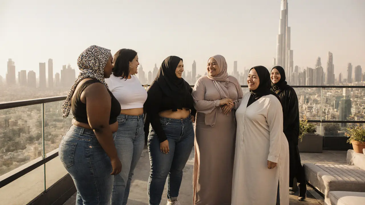 Diverse plus-size models laughing together on a Dubai rooftop with city skyline in the background.