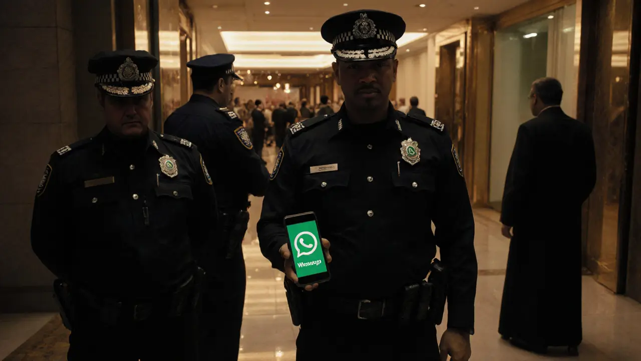 Dubai police officers outside a hotel with a seized phone.