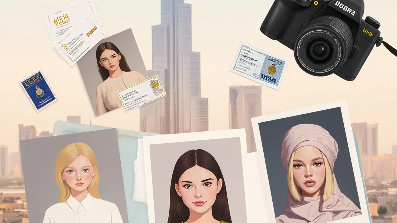 Flat-lay of natural-light modelling photos of different ages with agency cards and a camera, set against a Dubai skyline silhouette.