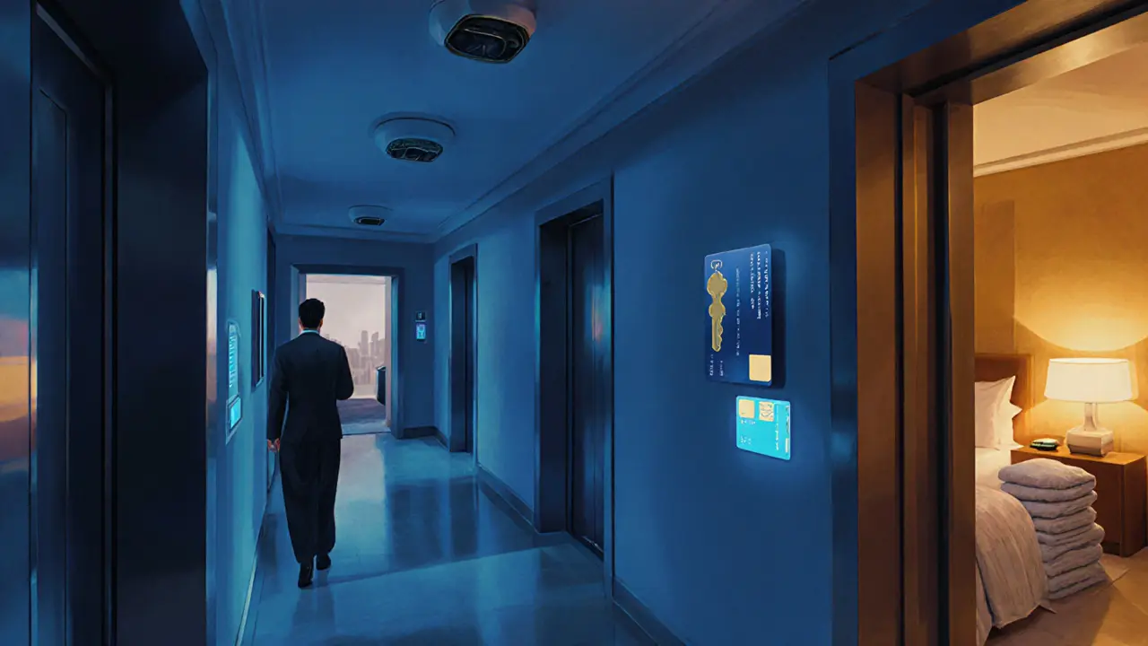Hotel hallway at night with two keycards activating doors, security cameras overhead.