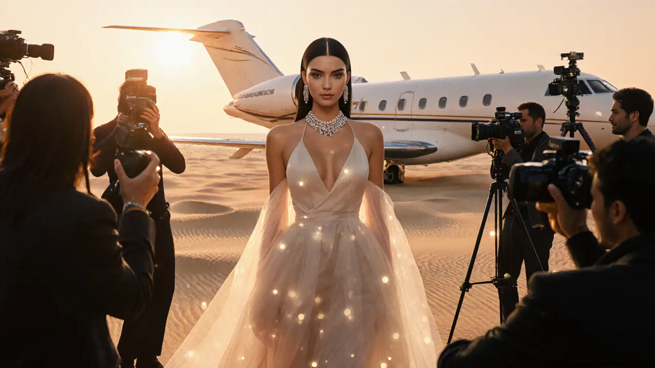 Kendall Jenner posing for a high-end photoshoot against Palm Jumeirah at sunset with private jet nearby.