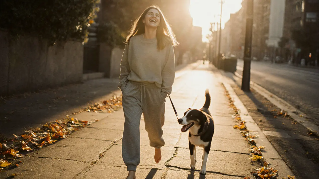 Kendall Jenner walking her dog casually at sunset, wearing sweatpants, radiating genuine happiness.