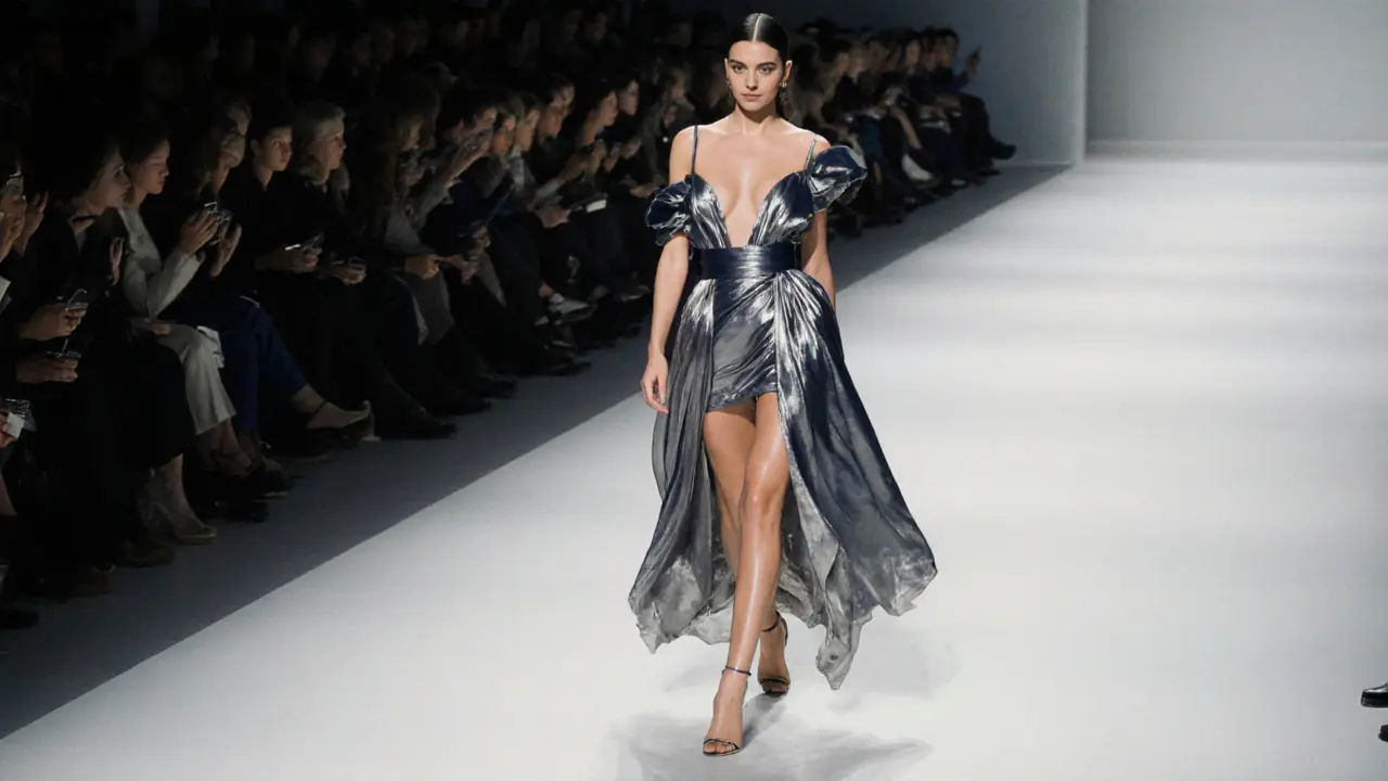 Kendall Jenner walking powerfully on a runway in a flowing designer gown.