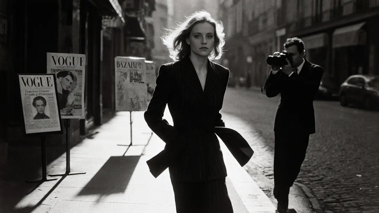 Lisa Fonssagrives walking confidently on a 1950s Paris street in a Schiaparelli suit.