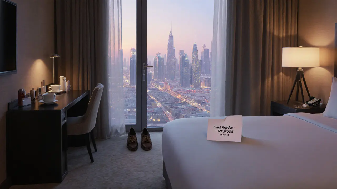 Luxury Dubai hotel room at dawn with two sets of toiletries and coffee cups, note about guest fee.