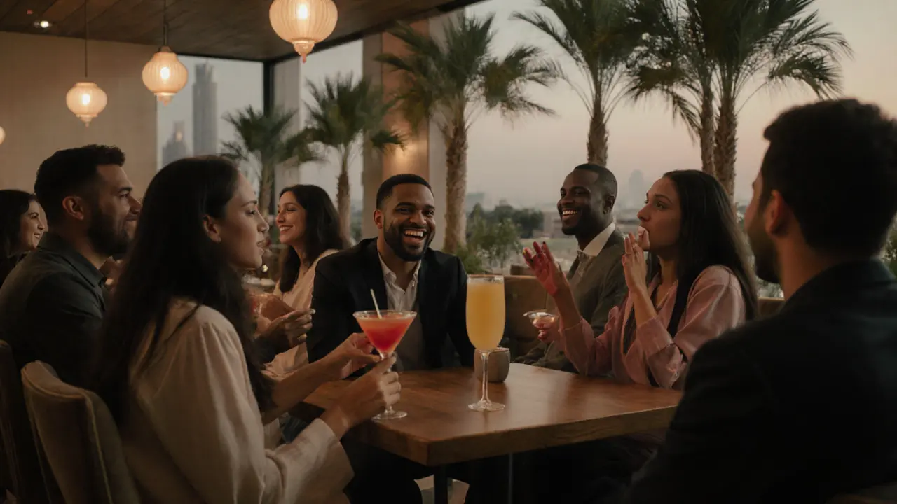 Men and women equally enjoying free cocktails at a gender-neutral night out in a stylish Dubai lounge.