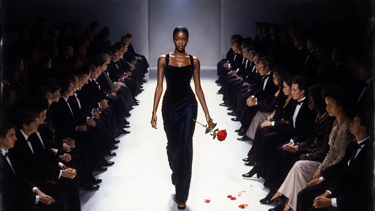 Naomi Campbell walking the Chanel runway in 1988, dramatic spotlight, red rose falling.