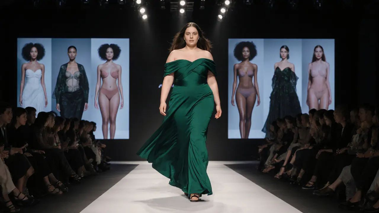 Plus-size model walking a runway in a green gown, dramatic lighting highlighting her posture and movement.