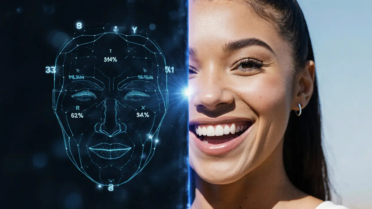 Split image: digital facial analysis on one side, Zendaya&#039;s natural smile on the other, light connecting both.