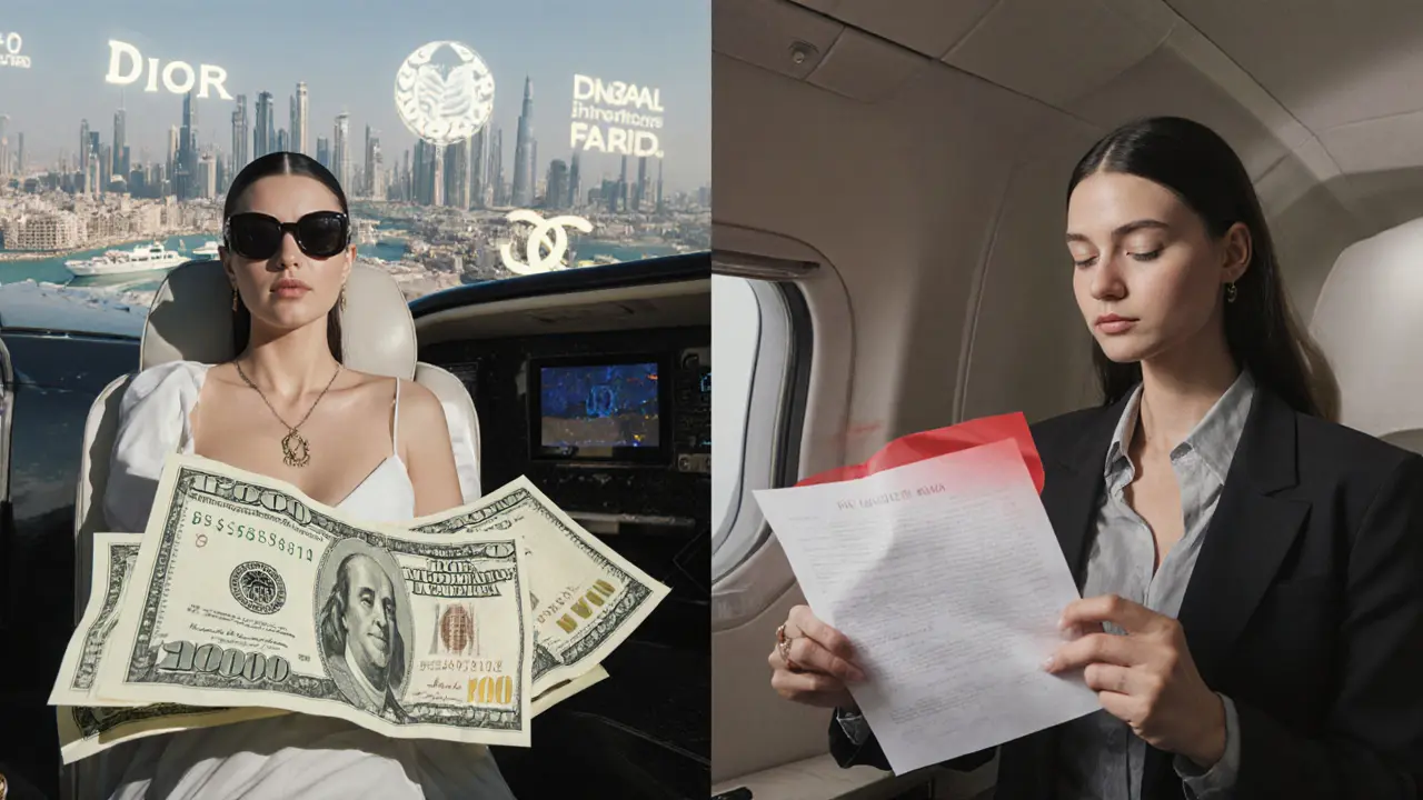Split-screen contrast: global supermodel with 0K bill versus local model with K contract in Dubai.