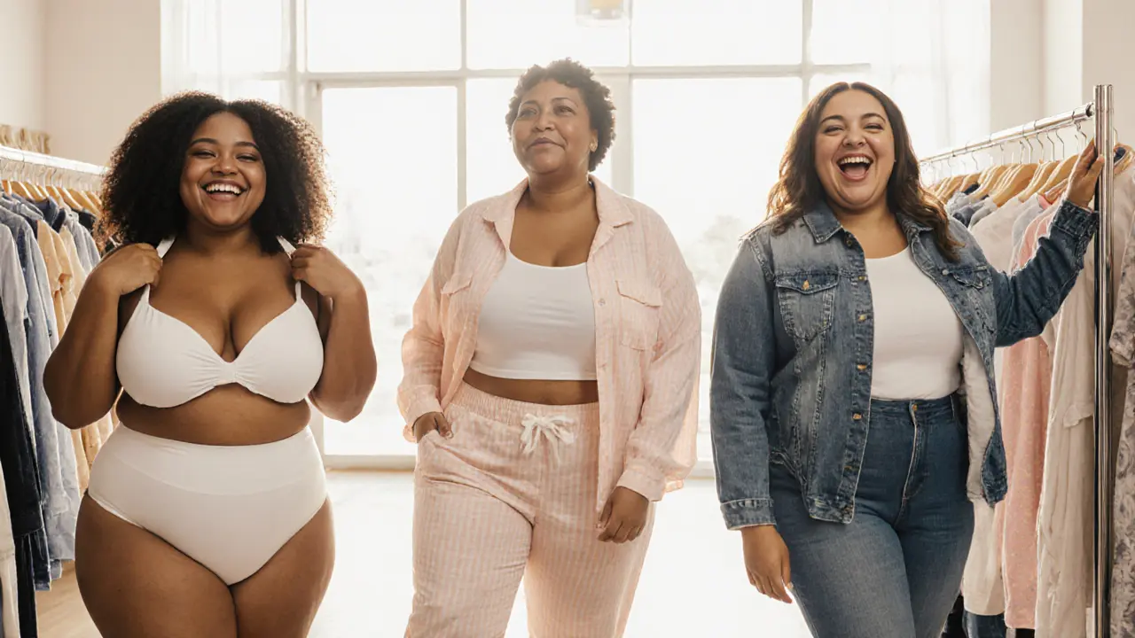 Three diverse plus-size models in casual apparel within a bright retail space, smiling naturally together.