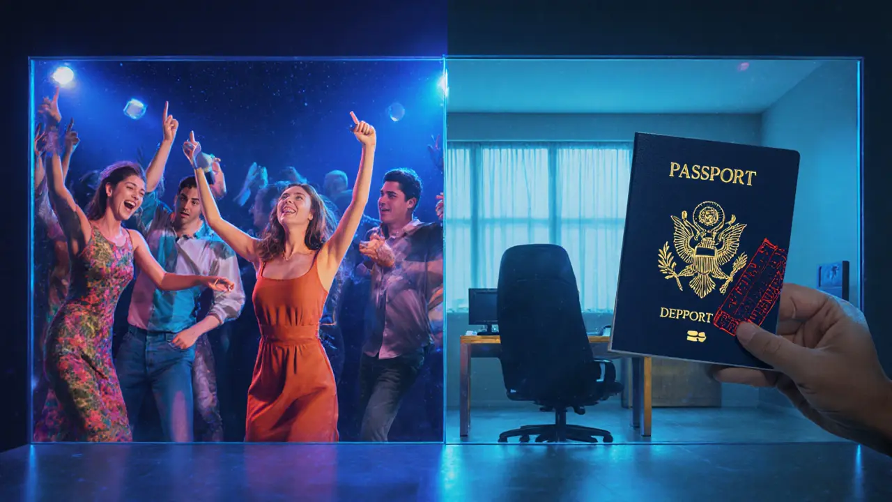 Transparent barrier dividing vibrant party from deportation courtroom in Dubai.