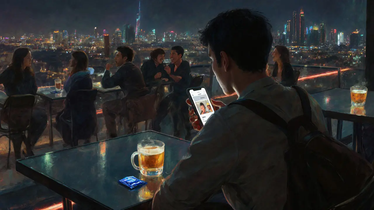 Traveler at rooftop café, phone blurred, condom hidden in bag under night lights.