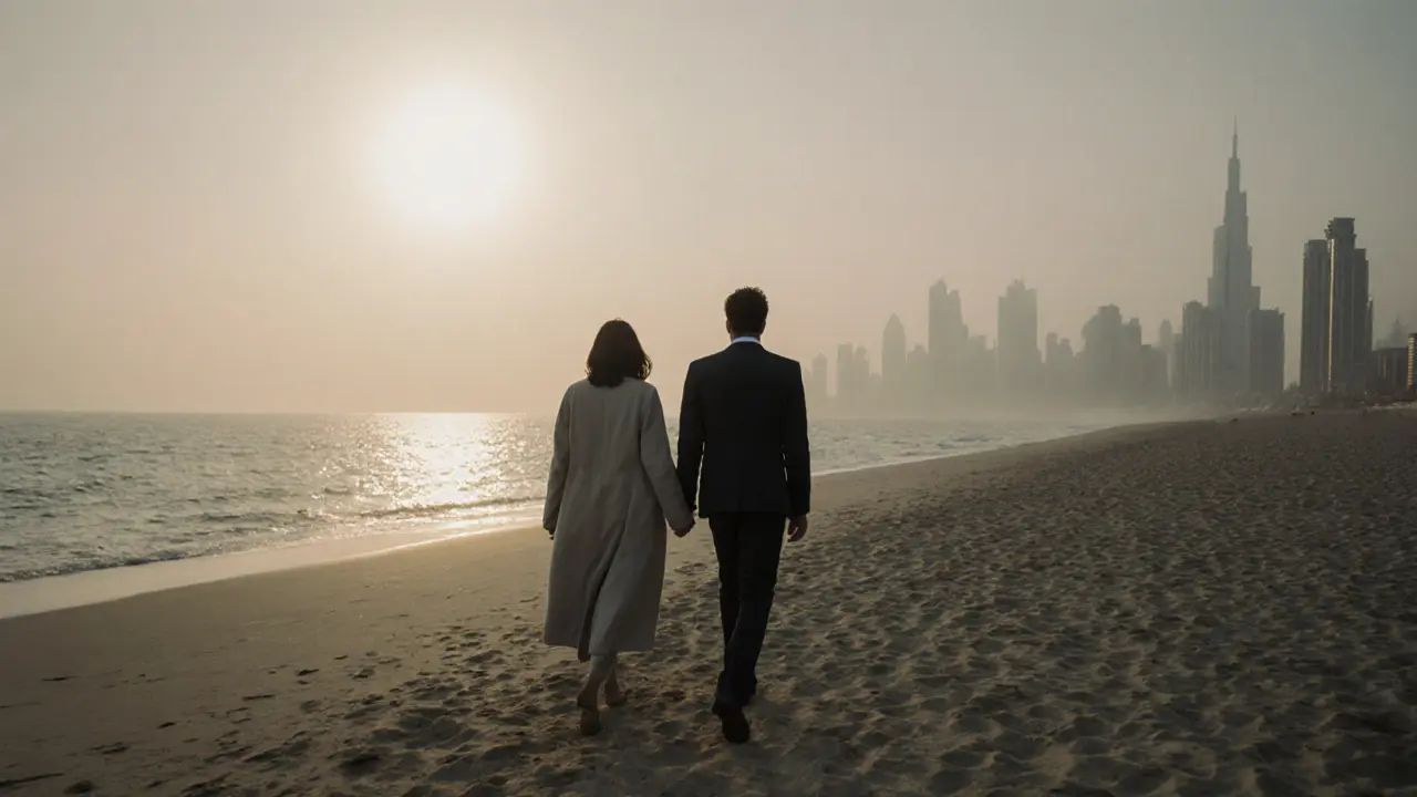 Two figures walking peacefully along Jumeirah Beach at sunrise, embodying quiet companionship.