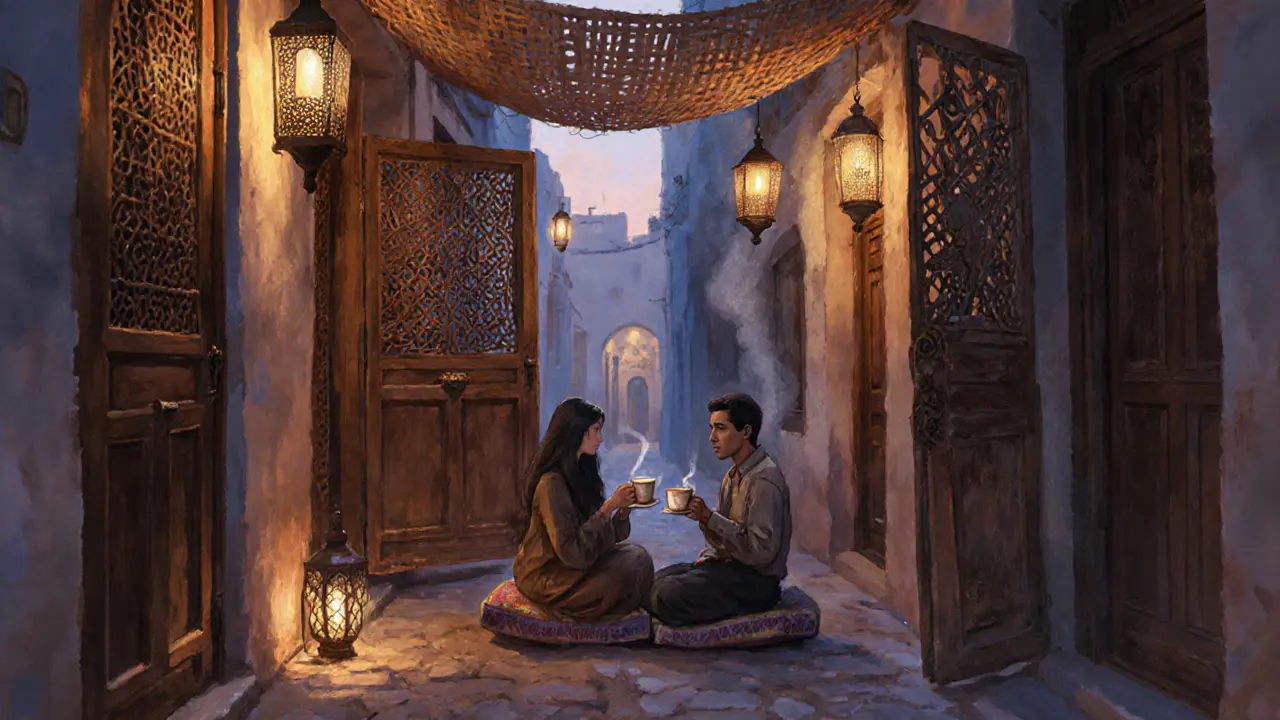 Two people share Arabic coffee in a hidden historic alley in Dubai, lanterns glowing softly around them.