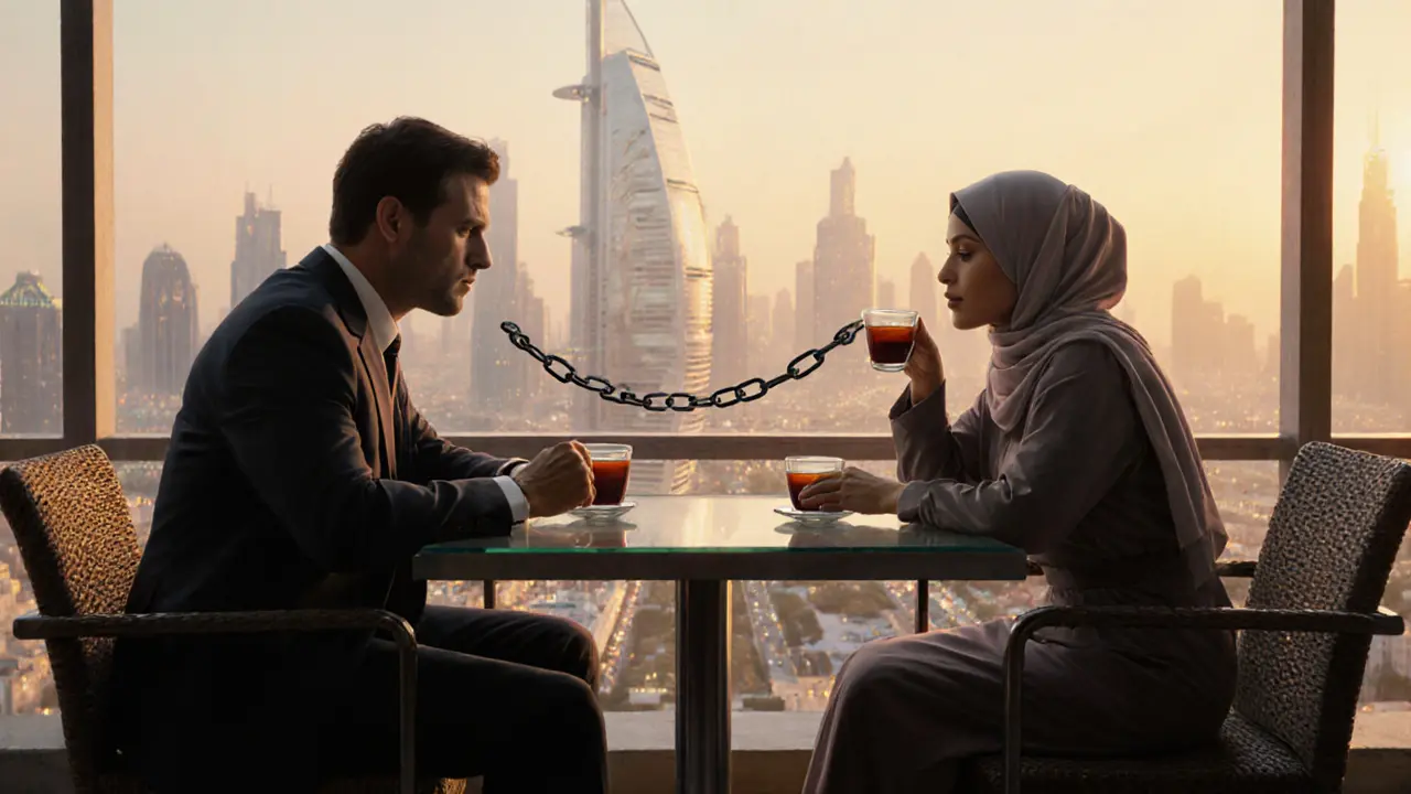 Two people share tea at a Dubai rooftop café, connected by a translucent chain under the city lights.