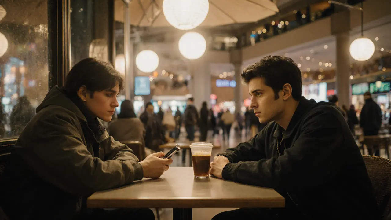 Two strangers sit at a café in Dubai Mall, hesitant but close, hinting at unspoken connection.
