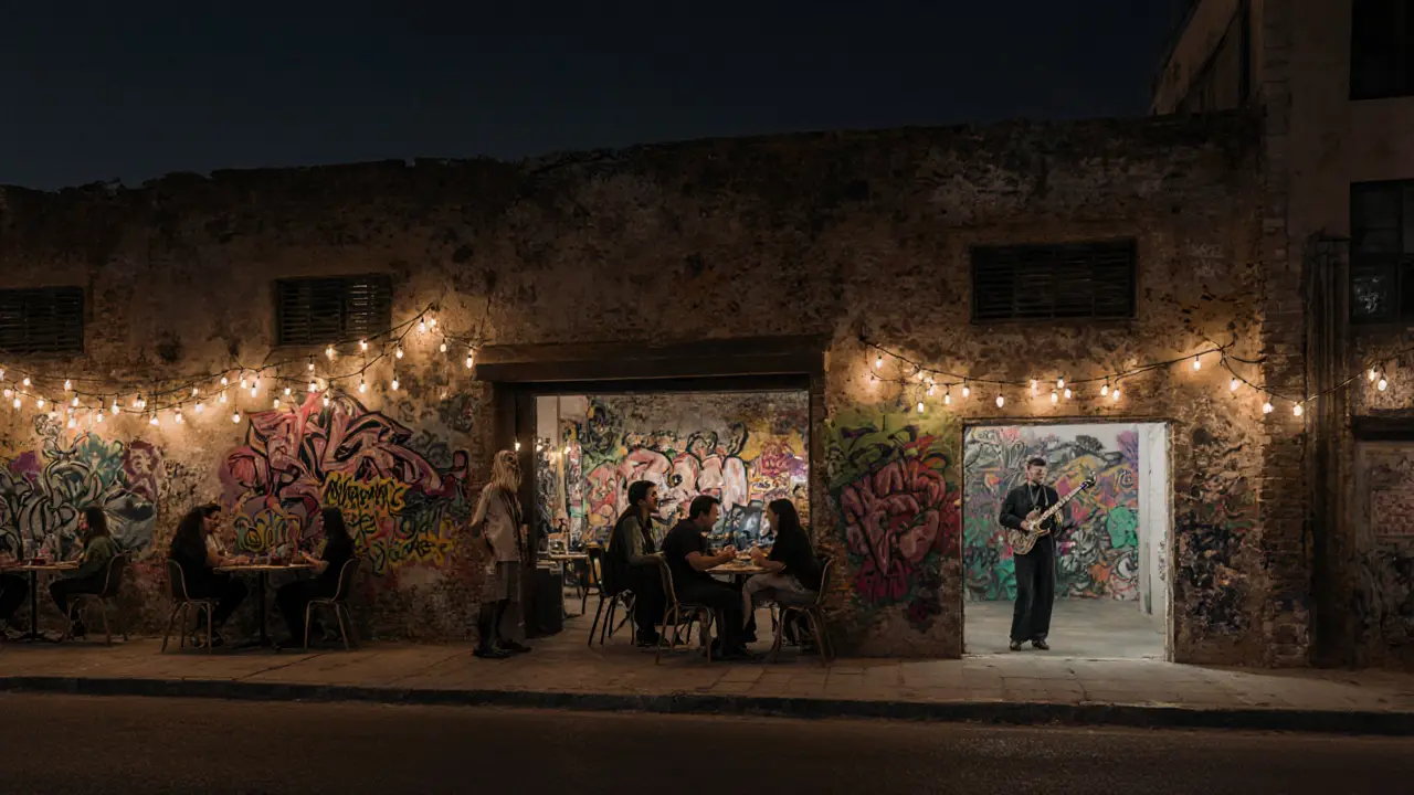 Vibrant arts district at night with string lights, cafes, and live music in converted warehouses.