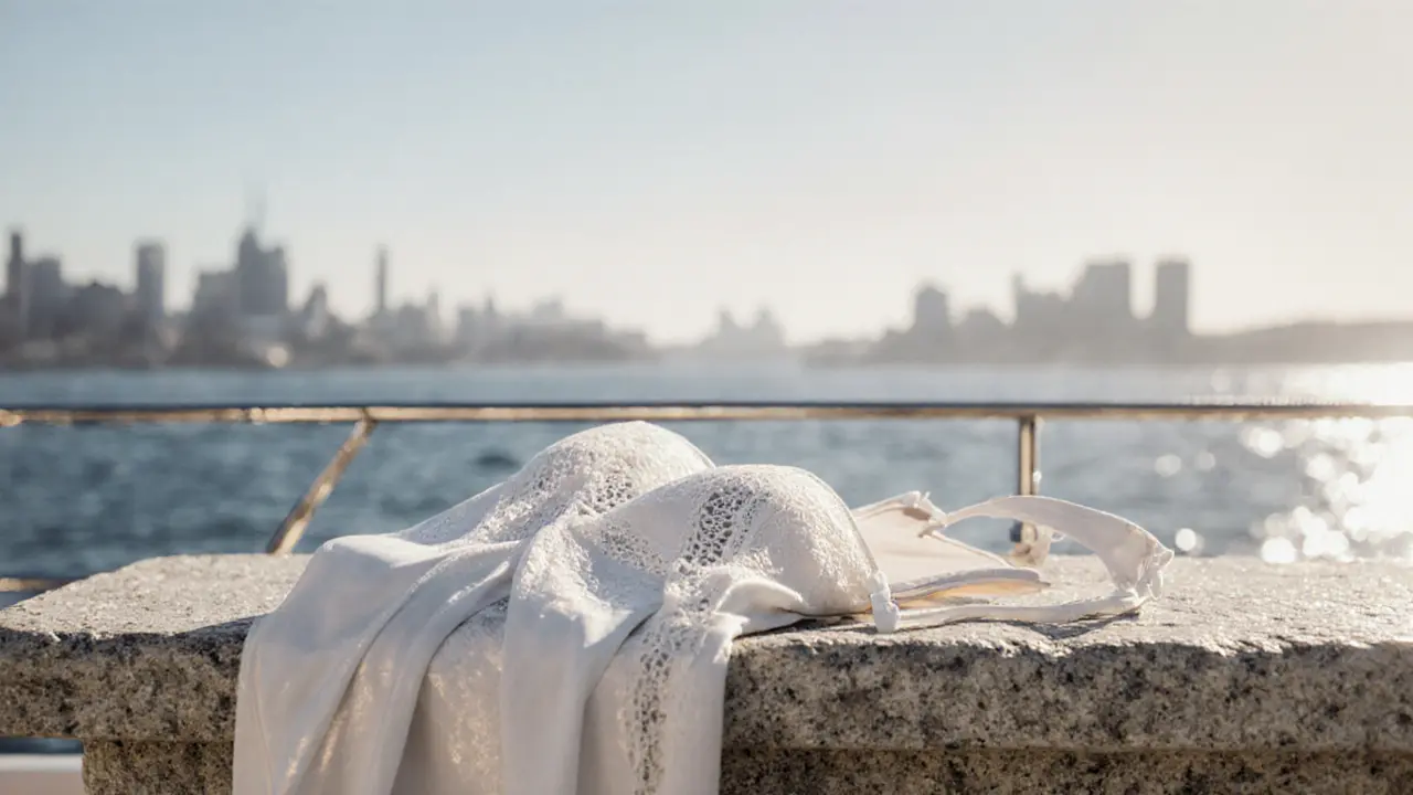 White bikini with lace overlay draped on stone bench at yacht deck, sunlight reflecting subtly.