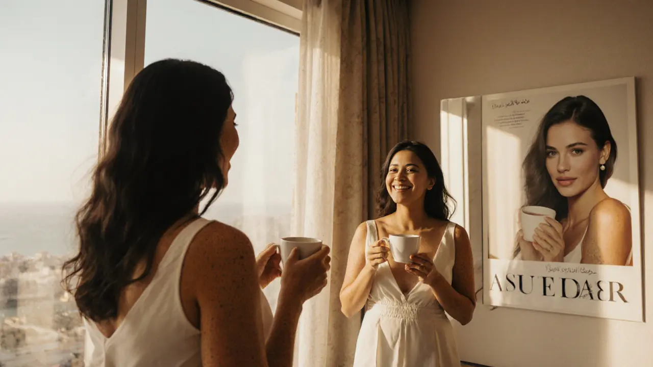 Yasmin Al Qassimi smiling naturally in her Palm Jumeirah home, no makeup, holding coffee with sunlight streaming through windows.