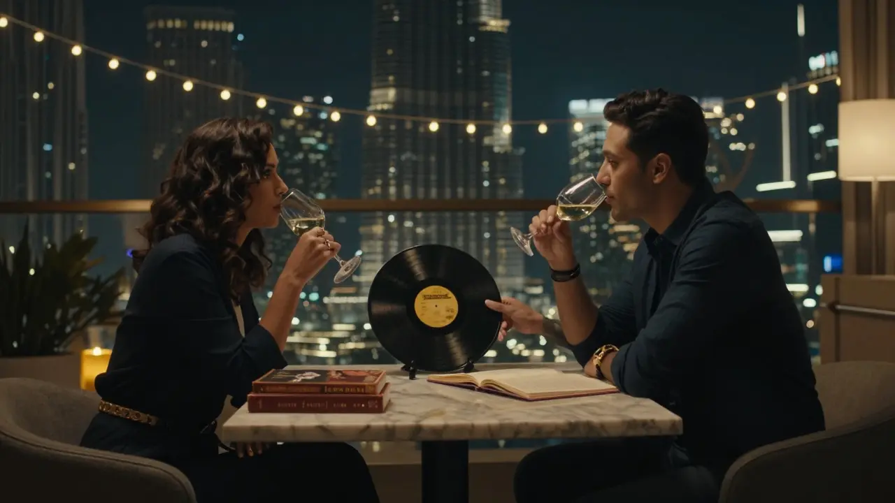 A client and companion sharing wine on a rooftop lounge, Burj Khalifa in the distance, vinyl record on the table.