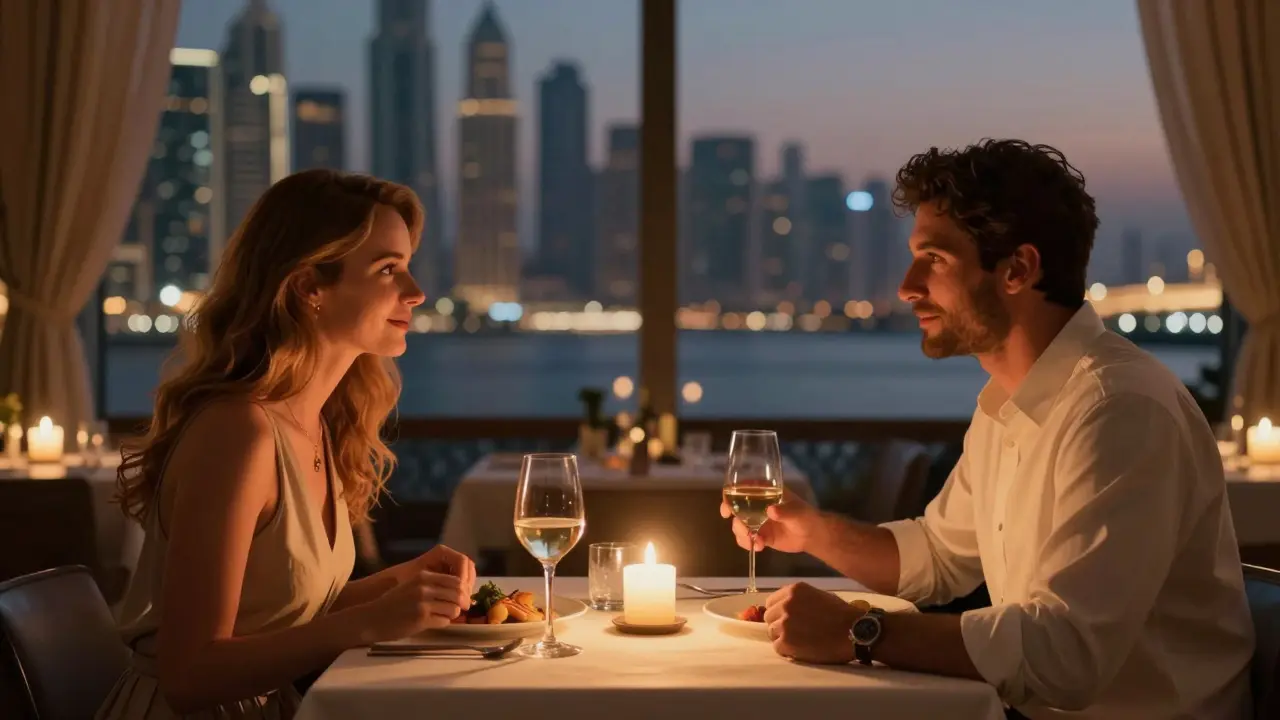 A couple sharing a quiet dinner at Zuma restaurant with Dubai Marina lights in the background.