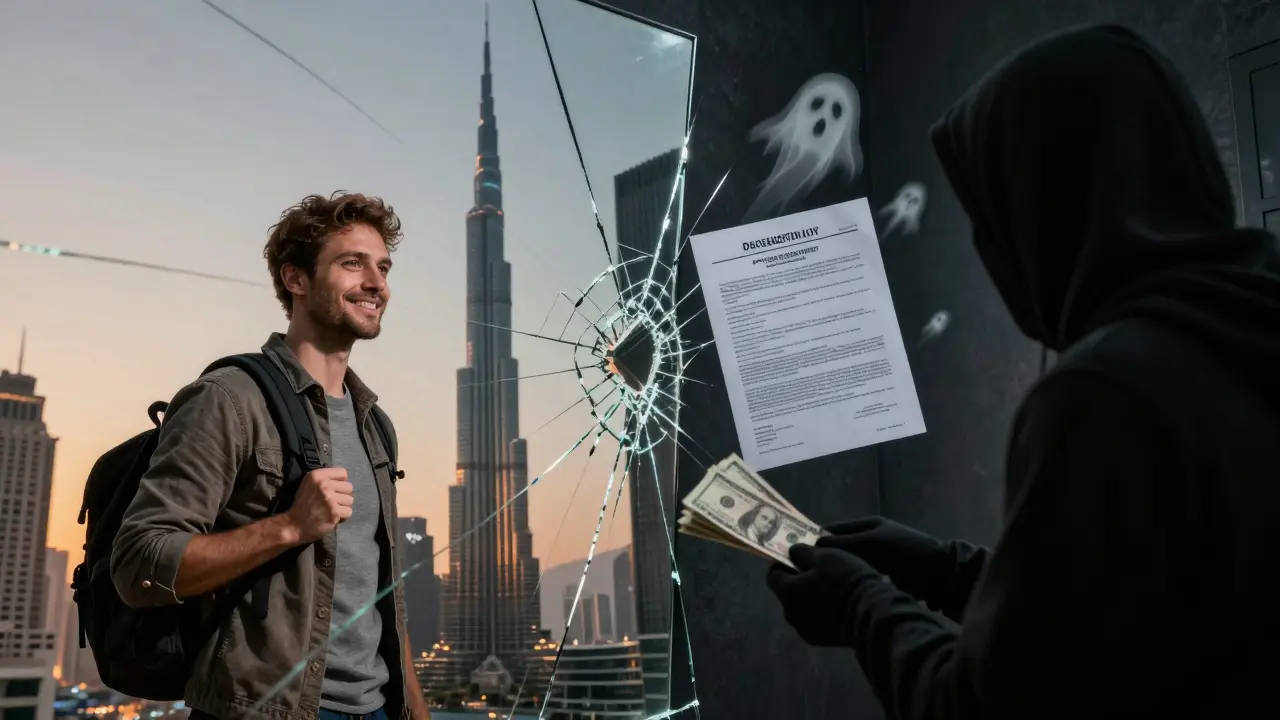 A cracked mirror reflects a tourist enjoying Dubai&#039;s skyline on one side and a shadowy figure with cash on the other, symbolizing risk and consequence.