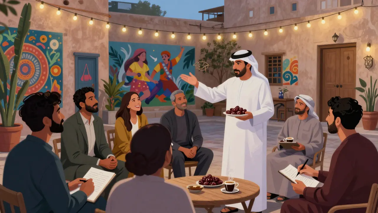 A cultural escort shares Emirati traditions with guests in a vibrant Alserkal Avenue courtyard at twilight.