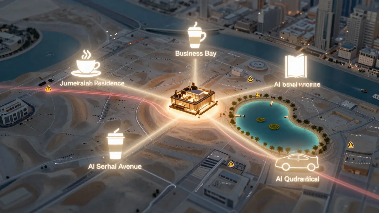 A digital map of Dubai highlighting safe public locations for companionship and warning symbols for private or risky areas.