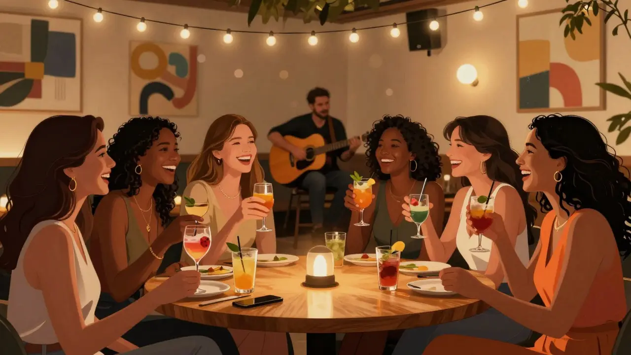 A group of women laugh together at a cozy lounge during a women-only night in Dubai.