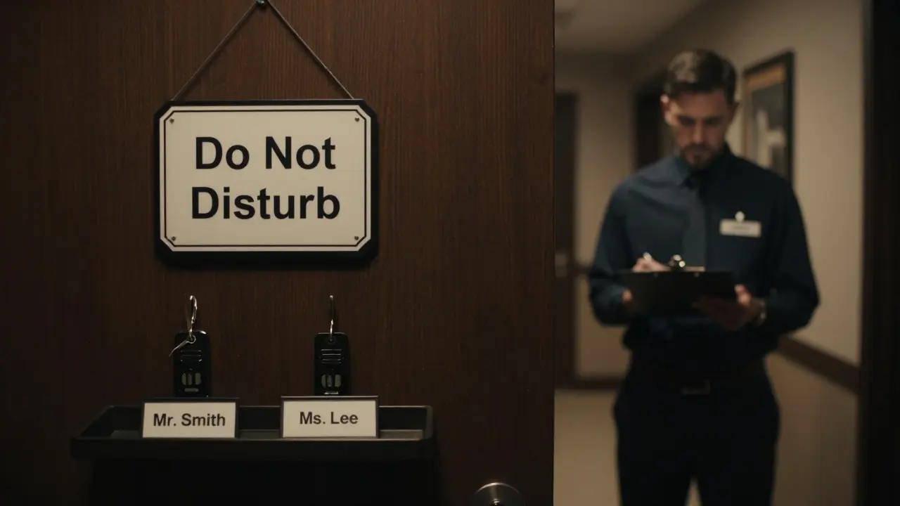 A hotel room door with two keycards on a tray, hinting at unapproved cohabitation.