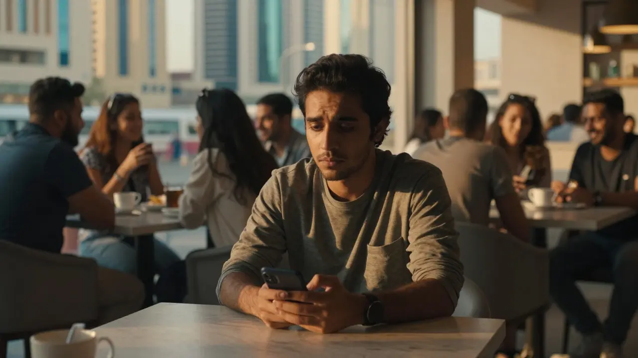 A lonely expat sitting alone in a busy Dubai coffee shop, looking at his phone.