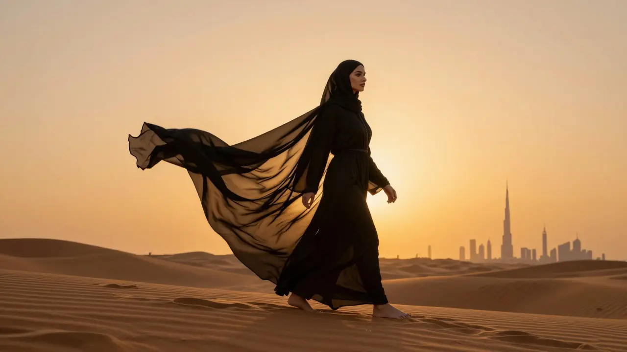A model in a flowing abaya walks through Dubai desert dunes at sunset.