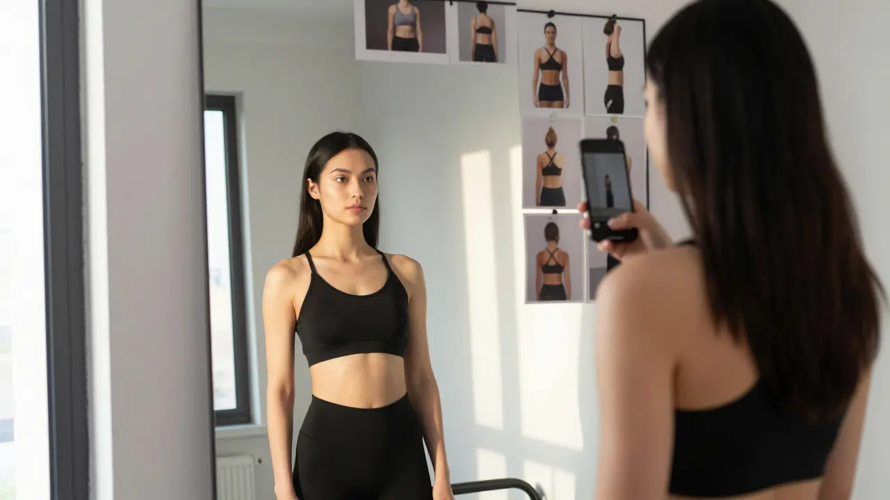 A model recording herself in front of a mirror at dawn, practicing poses with natural light.