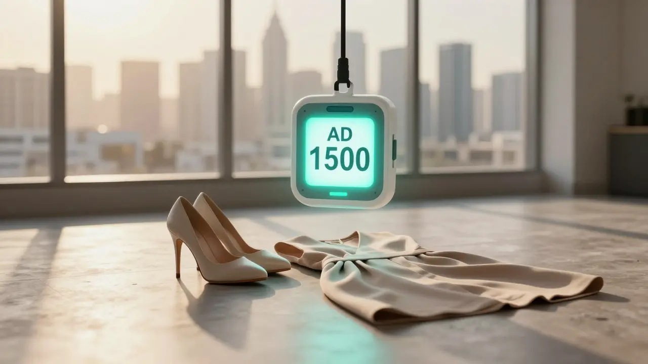 A price tag hovering above modeling attire in a studio, symbolizing investment in a modeling career.