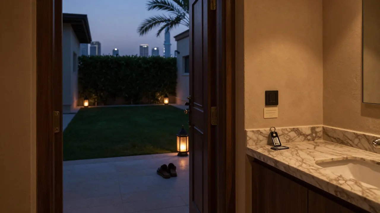 A private villa entrance in Dubai at dusk, keycard on counter, no people visible.