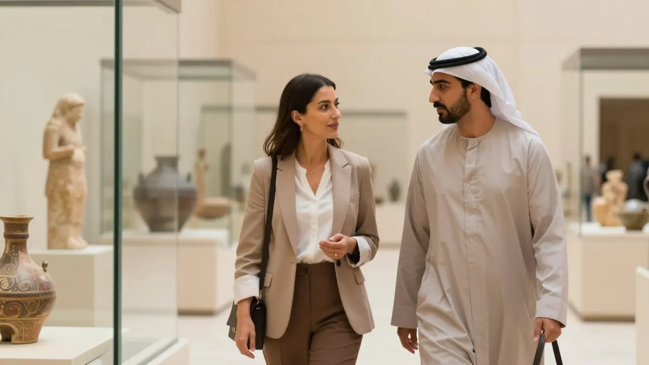 A professional companion and client touring the Dubai Museum together in daylight.