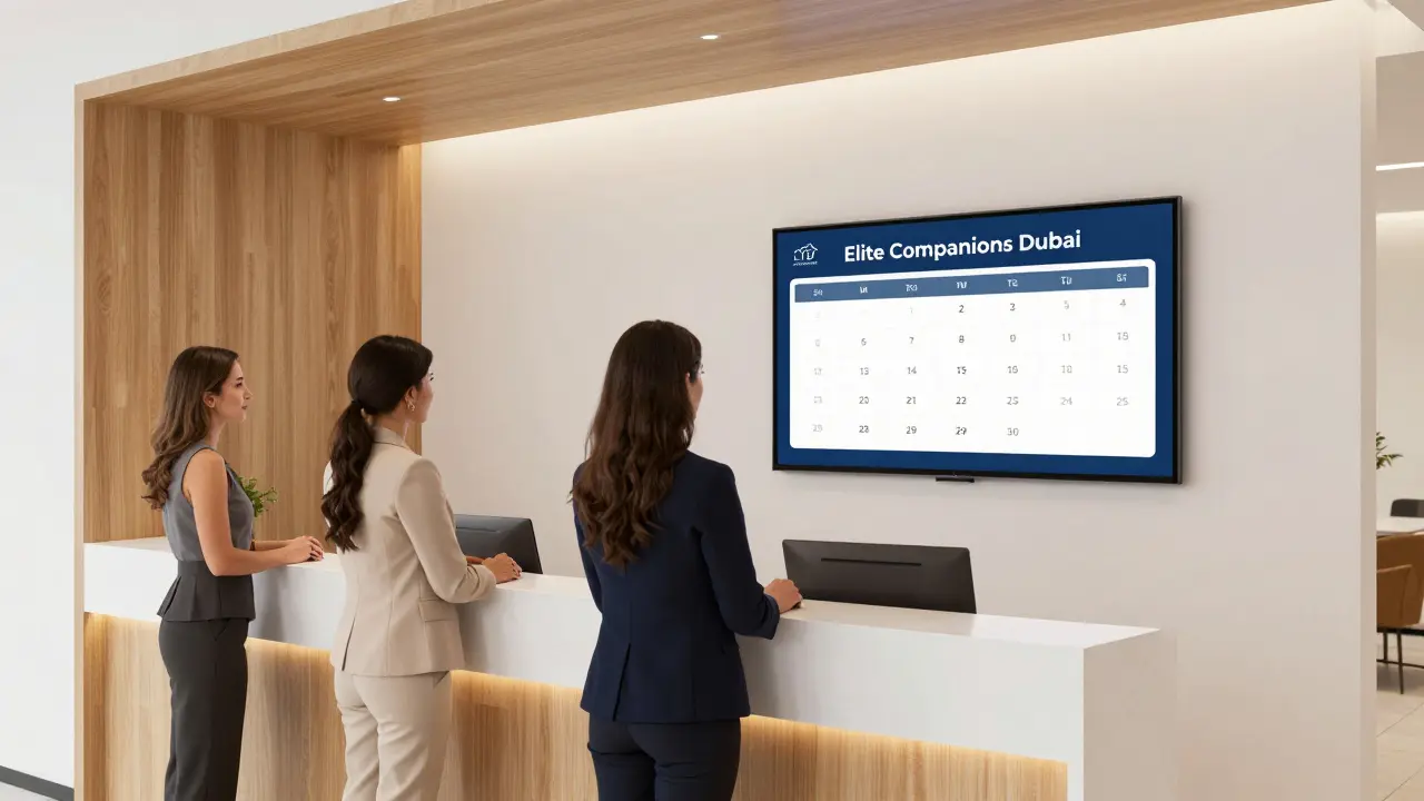 A professional companionship agency office in Dubai with elegant staff and clean interior.