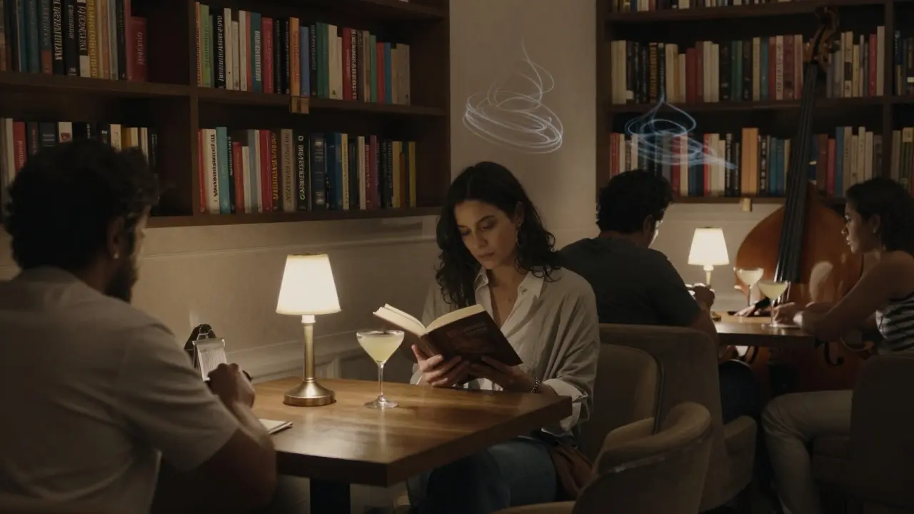 A quiet ladies night at a book-themed lounge with soft lighting and craft cocktails.