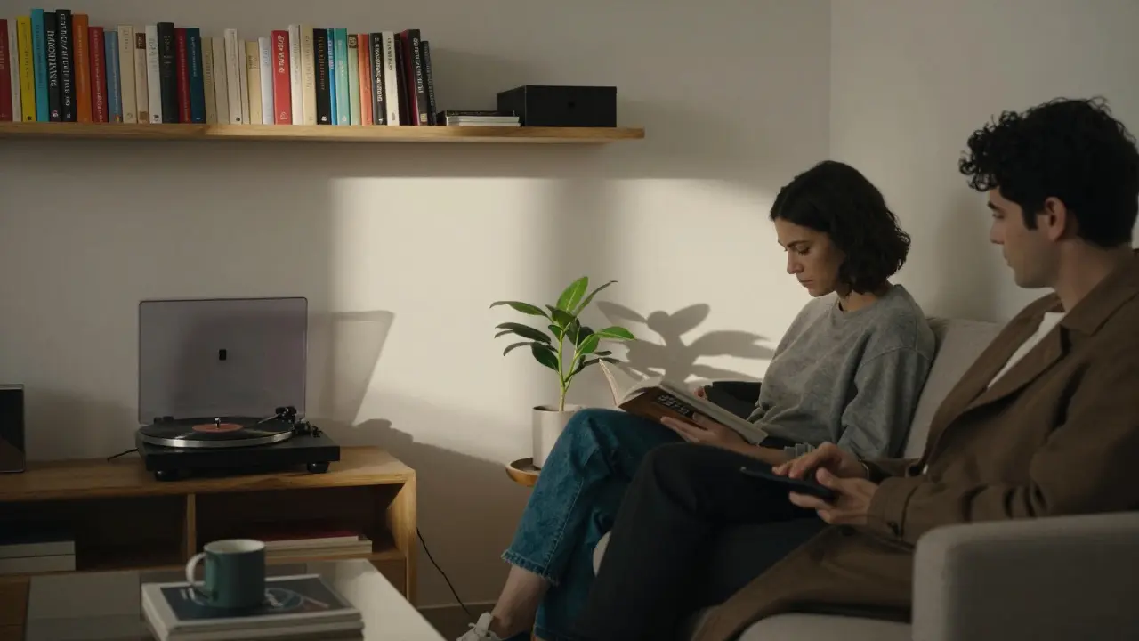 A serene minimalist apartment in Jumeirah with traces of a recent visit, bathed in soft afternoon light.