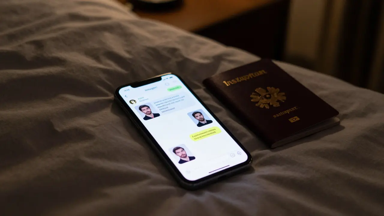 A smartphone showing suspicious escort messages and payment requests in a dark hotel room.