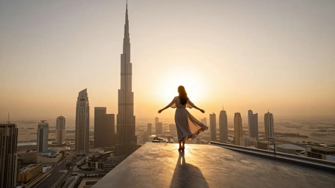 A solitary woman stands atop Burj Khalifa at sunset, overlooking the dazzling city below.